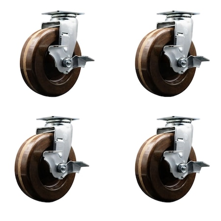 Service Caster 6'' High Temp Phenolic Swivel Caster Set with Bronze Bearings and Brakes, 4PK SCC-20S620-PHBZHT-TLB-4